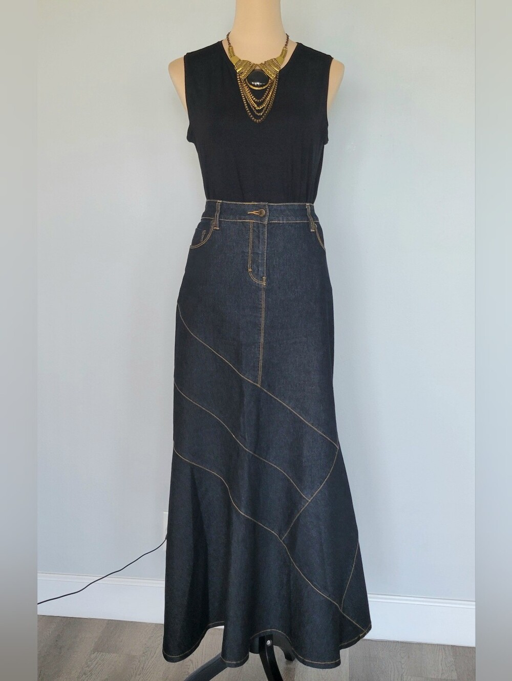 Vintage Bisou Bisou Y2K Dark Blue Denim Jeans Mermaid Trumpet Maxi Skirt Size 14 - Picture 2 of 15